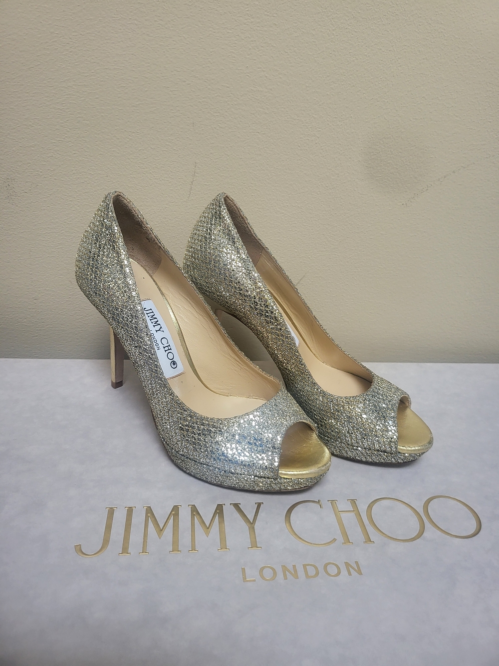 Jimmy Choo Silver Glitter Peep-Toe Pumps